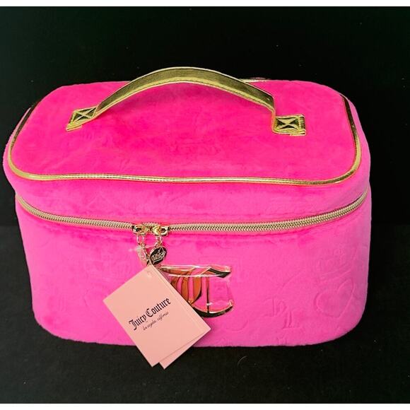 Juicy Couture Makeup Cosmetic Travel Case XL Hot Pink Gold Handle Velour NEW - Picture 1 of 5